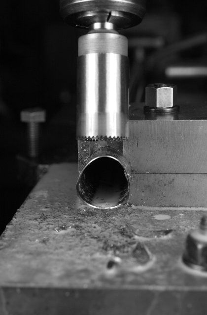First test of the brazed carbide tube mitre cutter on Reynolds 953 stainless steel heat treated cycle frame tubing no. SS4000 (28.6x0.5/0.3/0.5) with HRC52. (Carbide hardness is in the range of 90-91 HRC. High tooth count diamond wheel ground by Gary McKenzie and the cutter body is 4140 steel turned in the Strawberry workshop by Andy.)  Cut was indistinguishable from the cut of the 631 air hardening non heat treated steel tube.  Hand fed at 325 rpm, cut time 11 seconds, painted-on Blasocut 4000 Strong coolant employed on my trusty 1957 model Bridgeport milling machine.  Good news indeed.