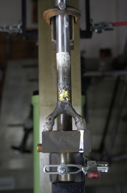 Brazing the tapered topstay to the road wishbone.  Brass preform inserted inside the topstay to make for easy brazing and complete wetting inside a cavity.