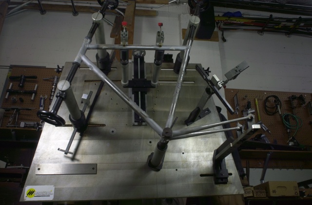 The frame is fitted up on the Marchetti frame fixture for the final check before brazing tomorrow.