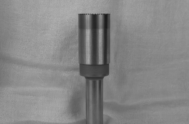 Prototype brazed carbide tube mitre cutter in 28.6mm diameter, May, 2016.