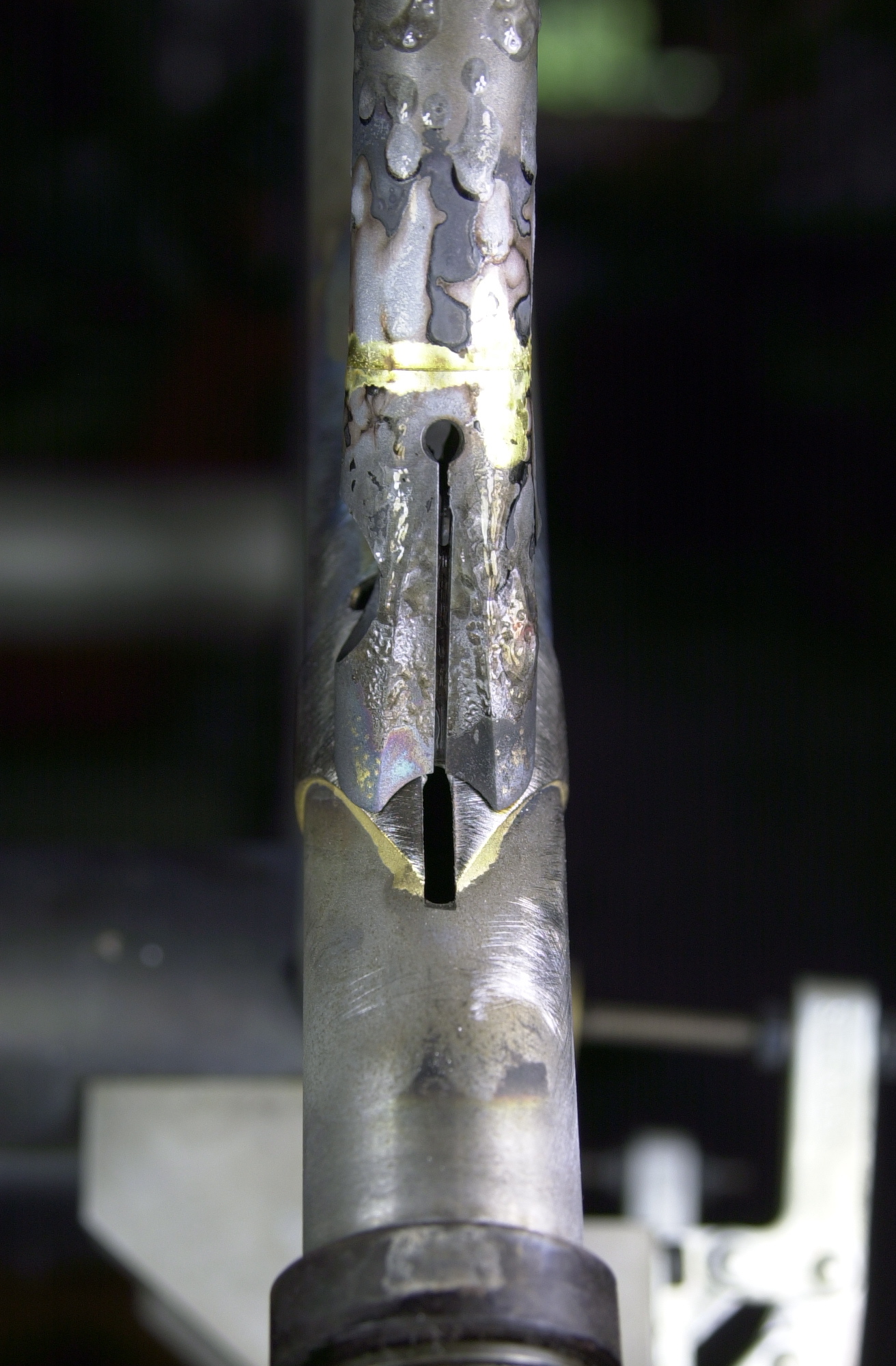 Close up of the top stay/seat lug binder brazing.  Brass preform is used for this joint and silver will be used to braze the binder to the seat lug.