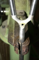 Close up of topstay/wishbone casting and 16mm. seatstays clamped in Marchetti no. 303 Fork Brazing Fixture.