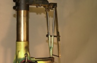 Rear triangle assembly is now fluxed and clamped in the Marchetti no. 303 fixture and alignment is checked for the last time prior to lighting up the heating/brazing torch.
