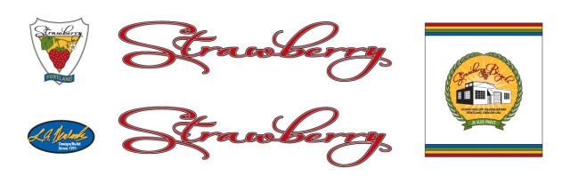 Strawberry decals red-01.  45 year commemorative decals designed by Kelley R. Dodd (www.krdpdx.com) and manufactured by Gary Prange (www.sssink.com).  These dry-fix decals are for professional application and must be clear coated for durability.  $25 postpaid.  To order, please contact Andy. PayPal and good check accepted.  Why the name Strawberry?  Sort of a long story.  In 1970 after graduating from engineering school, I lived in the Cotswolds near Bulls Cross, Stroud, a few miles from Gloucester.  Once a week I rode in a  massed start road race in the Bristol area and during one of the train trips down to Bristol I learned of a road race across the English/Scottish border held the week before the Commonwealth Games in Edinburgh.  This sounded like an adventure, so I headed north on the train with my new Bob Jackson bicycle.  The road race included national team members and it was no sooner apparent that I was out of my depth than I was desperately off the back of the pack touring the highlands of Scotland.  A week later the weather was still abysmal but the scenery cycling down Loch Ness was beautiful.  Returning south, I spent a few days in London and ordered a Hetchins cycle frame for a girlfriend.  My interest in cycle frame construction was piqued by the Hetchins shop visit.  Fast forward, I returned to Portland and thought to attempt to fabricate cycle frames, but under what moniker?    My father, Lawrence Fraser Newlands, Scottish on both sides, suggested the Fraser crest.  Research into the Fraser name in Scotland shows Norman roots from the mid - 12th. century and that it is derived from the French word fraise, meaning Strawberry.  However, the origin of the name Fraser is disputed, and indeed, the name may be a pun on the strawberry flowers on the Fraser heraldic crest.  All in good humor, the name "Strawberry Bicycle" was trademarked in 1971.  The new version decals shown above include the Fraser moto: Je suis prest (I am ready).  It was decided to not include the war cry.  The Frasers were actually kind of a bloody minded lot in the old days.