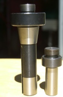 Arbors for the back threaded mitre cutters - R8 on the left and 3/4" straight shank on the right.  Both are threaded 7/8"-20tpi. (standard boring head thread) to match the back thread in the mitre cutters. Please note that the Paragon arbors for hole saws do not have compatible threading.  Arbors are priced at $37.85 for either the straight shank or the R8.   Note that the cutters easily thread on and off using a "C" spanner (not provided) thus requiring one arbor for all the different cutter sizes.   To order, please contact Andy. PayPal and good check accepted.