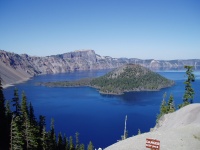 2007 Cycle Oregon.  Close up of Wizard Island, Crater Lake National Park.