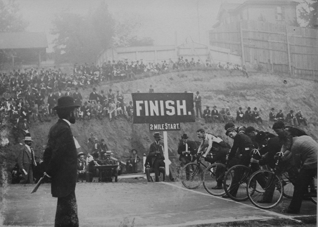 Multnomah Athletic Club in Portland, Oregon, just a stones throw away from the Strawberry Garage, was kind to donate this photo from the 1890's to my website.  The venue is Multnomah Field where for many years bicycle track races were held.  I am unsure but believe the track was flat - not a velodrome but I could be mistaken.  MAC was founded in 1891 during the heyday of track cycling and for quite sometime the club owned Multnomah Field which is now home to the Timbers and Thorns soccer teams which are enormously popular.  Cycle racing has taken a bit of a back seat to soccer.