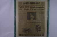 Fausto Coppi wins the World Championship Road Race 1953.  Front page of La Gazzetta dello Sport and the advert on the bottom - Rabarbaro Zucca - I just learned yesterday is for an Amaro produced from rhubarb and herbs.  Quite a nice after lunch liqueur.