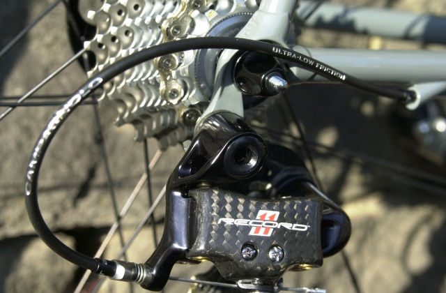 Detail of rear Campag Record mech.  Ritchey dropouts.