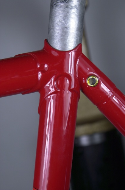 Seat lug topstay/seatpost binder detail.  Seatpost binder is brass brazed to topstay and the assembly is silver brazed to the back of the seat lug.