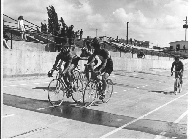Frans and Nick Zeller Madison racing on the Alpenrose Velodrome in the 1960's.