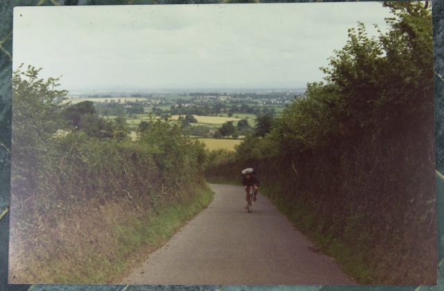 After leaving London and cycling through the Salisbury Plain, Peter and I headed to the Quantock Hills then down to Devon.  Yours truly cycling a country lane in the Quantock Hills.  Photo by Peter.  1970.