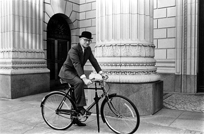 1978 photo of my father Mr. L.F. Newlands, V.P. of the Oregon Portland Cement Co.  Bicycle provided by Bruce Freeman who also took the photo in front of the US Bank building.  Bowler and fancy umbrella kindly provided by John Helmer Clothing Co.