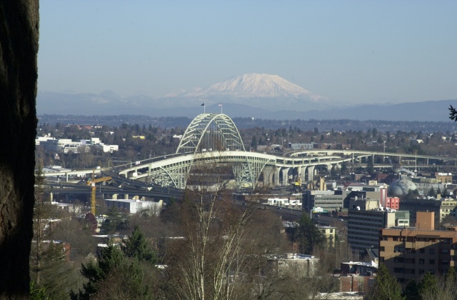 View of Mt. St. Helens and the I5 Fremont Bridge taken from Market Street just up from the Strawberry World Headquarters.