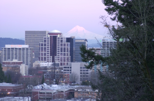 Mt. Hood over Portland 6:03pm. Feb. 2006.