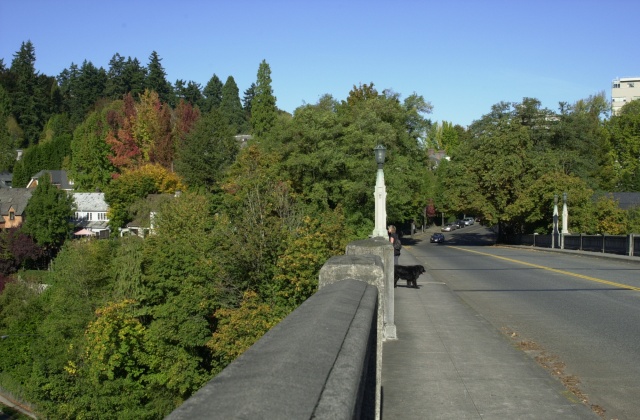 Pittock Mansion Walk, Autumn 2006.  View to the north down the Vista Bridge.  Production Manager Ollie in the distance.