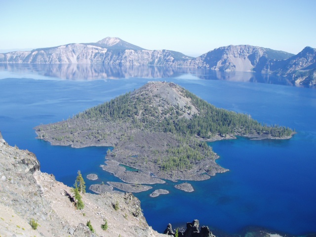 2007 Cycle Oregon.  Another view of Wizard Island in Crater Lake.
