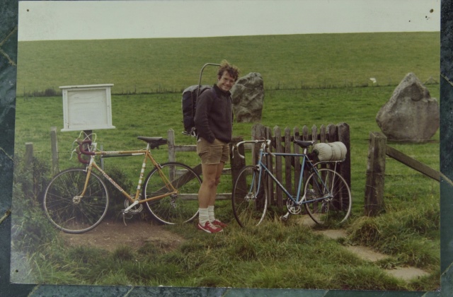 Woodhenge, England 1970.  Yours truly and cycling friend Peter rode our bikes (Peter bought a Holdsworthy and I had a Bob Jackson) from London down to the Salisbury Plain past Stonehenge and Woodhenge and on down to Devon.  Later that summer Peter went to the Isle of Wight Music Festival and I trained up to Scotland from my base in the Cotswolds to watch the Commonwealth Games cycling.