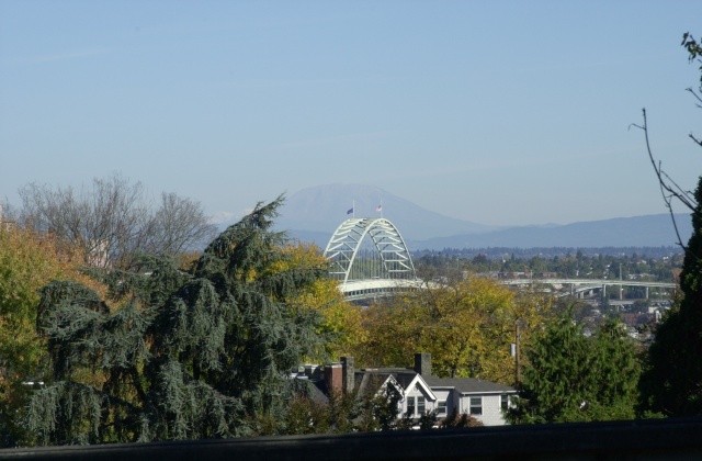 Pittock Mansion Walk, Autumn 2006.  View to the northeast from the Vista Bridge.  Fremont Bridge and Mt. St. Helens in the distance.