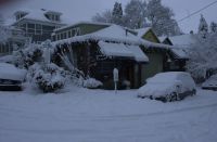January 11th, 2017.  Snow covering our building in Goose Hollow, Portland, Oregon USA.  Home to Strawberry Bicycle, Torch and File wholesale bicycle framebuilding tools and supplies and Kelley R. Dodd Graphic Design and home to Andy, Kelley, Winnie and Alba.